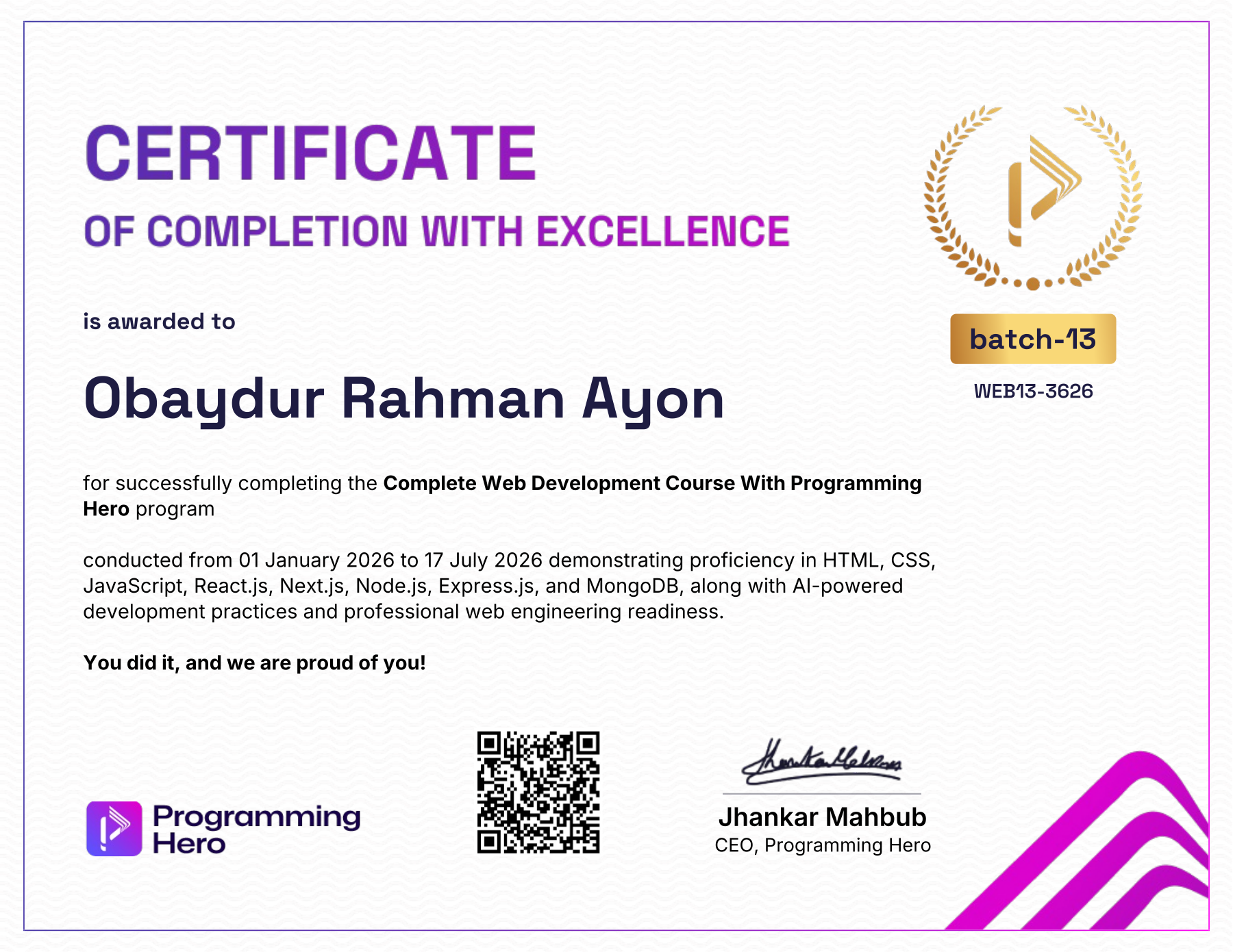 Programming Hero web development certificate